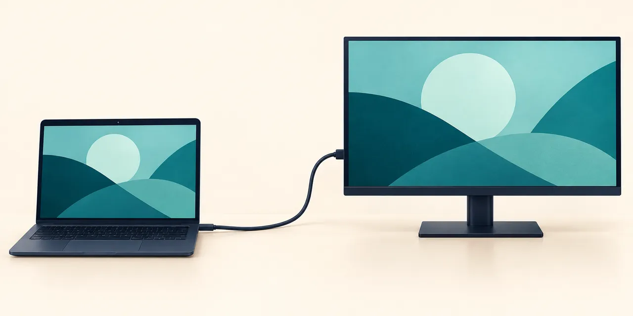 AI-generated illustration of a laptop connected to an external monitor by one display cable.