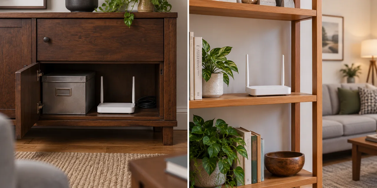 Illustrated router inside a low cabinet beside a metal box, compared with an open higher shelf.