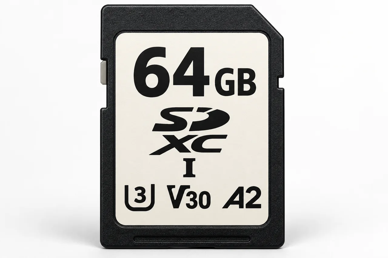 Étiquette illustrée de carte SD portant 64 GB, SDXC, I, U3, V30 et A2.