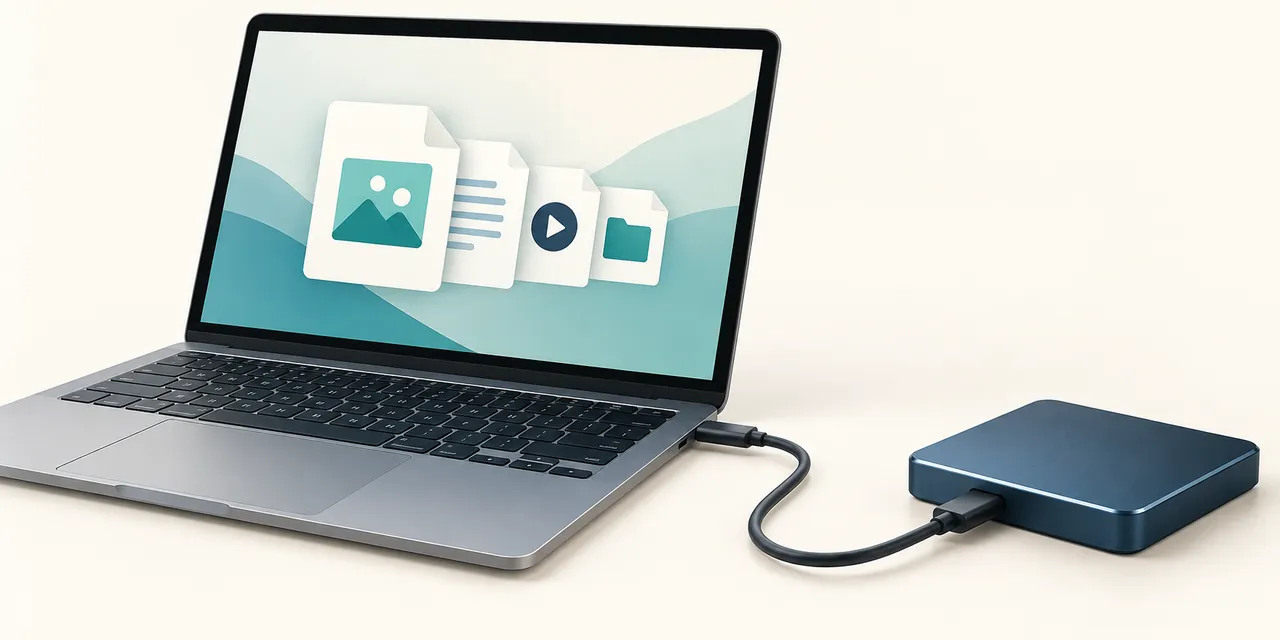 AI-generated illustration of a laptop connected by one cable to an external storage drive.