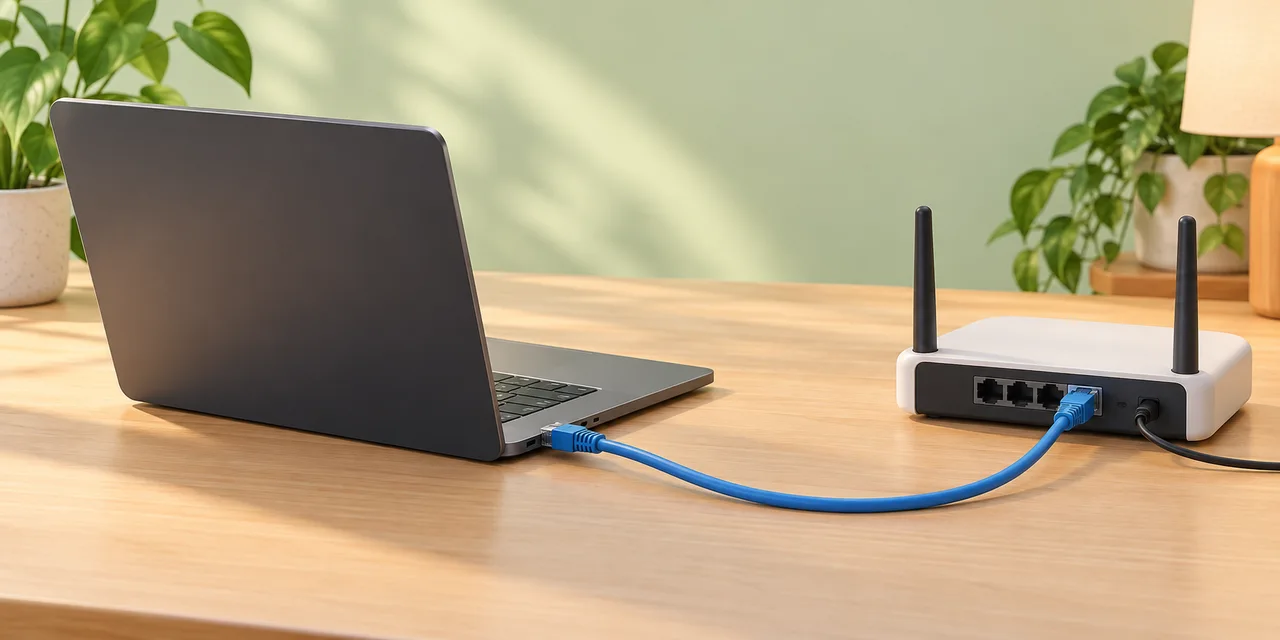 Illustration générée par IA d’un ordinateur portable relié au port LAN d’un routeur par un câble Ethernet.